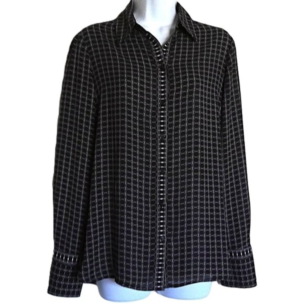 Max Studio London Top Blouse Semi-Sheer French Cuffs Black W/ White EUC Sz L